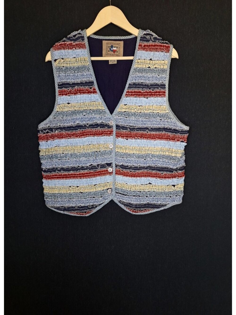 💙 Don't Mess With Texas Patchwork Ruffle Vest Size L Cotton Western Boho Button